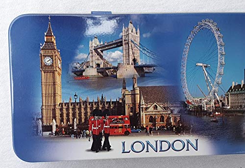 Blue Sky London Photo Collage - Estuche de metal fotos (Big Ben, Puente Torre, Palacio Buckingham, Abadía Westminster, Ojo, Guardia Real, Autobús dos pisos, recuerdo británico para escuela u oficina