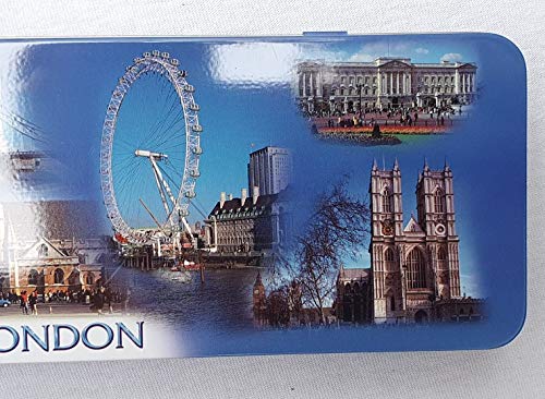 Blue Sky London Photo Collage - Estuche de metal fotos (Big Ben, Puente Torre, Palacio Buckingham, Abadía Westminster, Ojo, Guardia Real, Autobús dos pisos, recuerdo británico para escuela u oficina