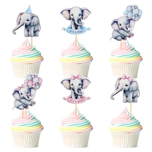 Blumomon 24 piezas rosa o azul elefante cupcake Toppers Glitter elefante tema pastel Toppers Was wird es Junge oder Mädchen Kuchen Dekorationen für Geschlecht Enthüllen
