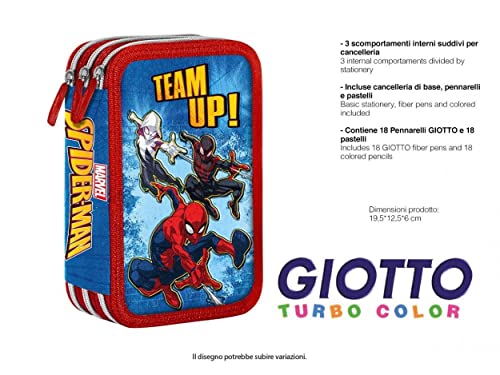 bng Estuche escolar con 3 compartimentos Spiderman para niño de colores Giotto Estuche 3 cremalleras completo Marvel, turquesa, Estuche escolar 3 compartimentos