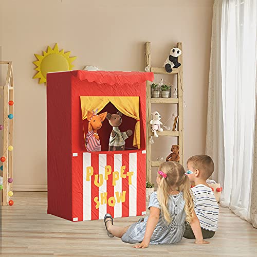 Bomodoro- Teatro de Marionetas Infantil 120 x 70 x 50 cm. Transformable en una pequeña Tienda (Color Rojo y Blanco)