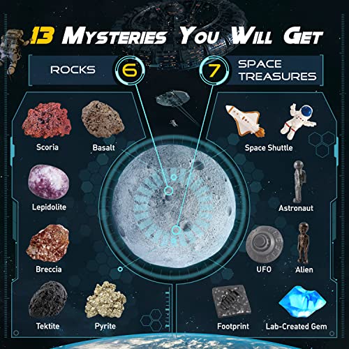Byncceh Luna Kit de excavación de 13 Tesoro - Excava 8 minerales y Piedras Preciosas, Estudio de Gemas, Sistema Solar Juego científico y Educativo, Regalo para Niños