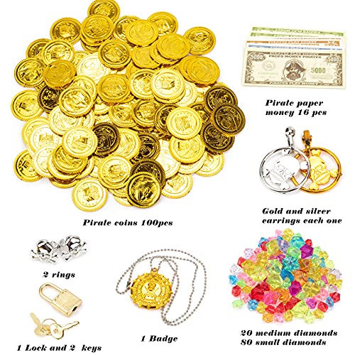 Caja de juguetes pirata para niños, cofre del tesoro rojo dorado con candado y llaves, piedras preciosas, monedas piratas doradas, insignias, pendientes para niños, juegos favoritos de fiesta.