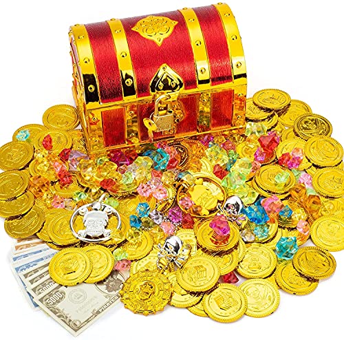 Caja de juguetes pirata para niños, cofre del tesoro rojo dorado con candado y llaves, piedras preciosas, monedas piratas doradas, insignias, pendientes para niños, juegos favoritos de fiesta.