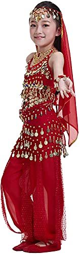 Carnavalife 4 Pcs Niñas Traje de Danza de Vientre, Conjunto Disfraz Bailarina India, Top Pantalones Baile Vestidos Talla única (Rojo)