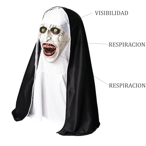 Carnavalife Mascara Monja Terror de Boca Abierta, Mascara de Monja Halloween con Velo Completo, Mascara Halloween Mujer Adulto