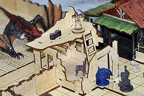 Casa en ruinas de madera de 2 niveles destruido edificio medieval Fantasy Village Terrain Scatter para mazmorras y dragones