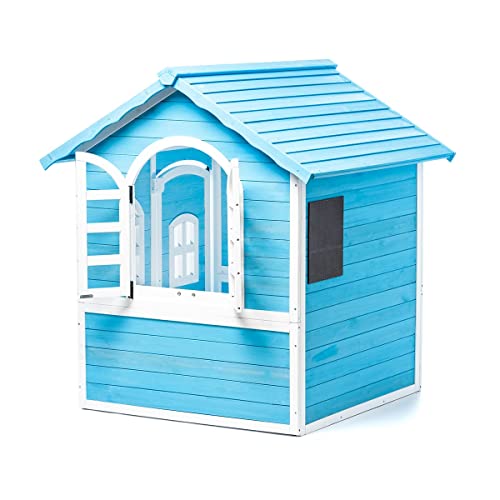 Casita de Madera Sostenible para niños Ocean - Azul Claro-Casa de Juego para jardín Infantil con Puerta y Ventanas y Pizarra para Dibujar