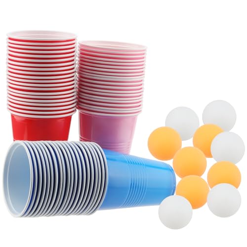 CHUEHKAK 60 vasos de cerveza pong, vasos rojos de cerveza, vasos para fiestas, color rojo, azul y rosa, vasos de plástico, 16 oz / 473 ml, con 10 pelotas de tenis de mesa, para fiestas familiares,
