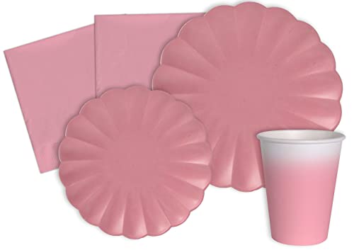 Ciao- Kit Mesa Fiesta Party Flower Shape para 24 personas (112 piezas: 24 platos Ø23cm, 24 platos Ø18cm, 24 vasos 200ml, 40 servilletas 33x33cm) en papel compostable eco-friendly,rosa antiguo