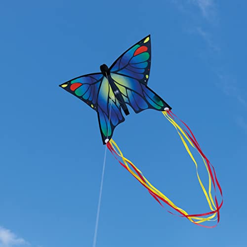 CIM Cometa de Mariposa - Butterfly Blue - Cometa de una Sola línea para niños Mayores de 3 años - 58 x 40 cm - Incl. 20 m Hilo de Cometa - con Tiras de 195 cm en la Cola de Arco