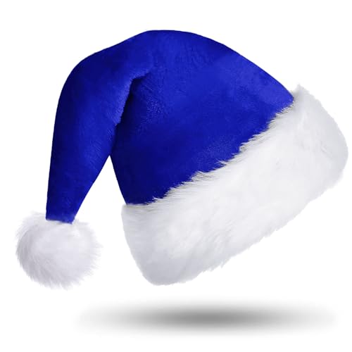 CITÉTOILE Gorro de Papá Noel, Sombrero de Navidad Azul, Gorro navideño unisex para adultos, Con pompón y ala peludos, Sombreros para fiestas navideñas y familiares