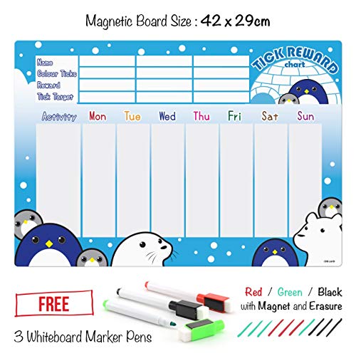 CKB Ltd Magnetic Reward Chart Penguin and Friends | pingüino magnético recompensa y tareas 7 días, en inglés, utilizar para tres niños, ideal para ENSEIGNER en los niños un bon comportamiento