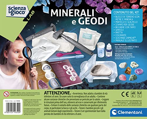 Clementoni - Scienza Lab Geodi-Set Mineralogía con Ladrillo para Excavar, Laboratorio Mineral, Juego Científico 8 Años (Versión en Italiano) -Made in Italy, Color, 19350