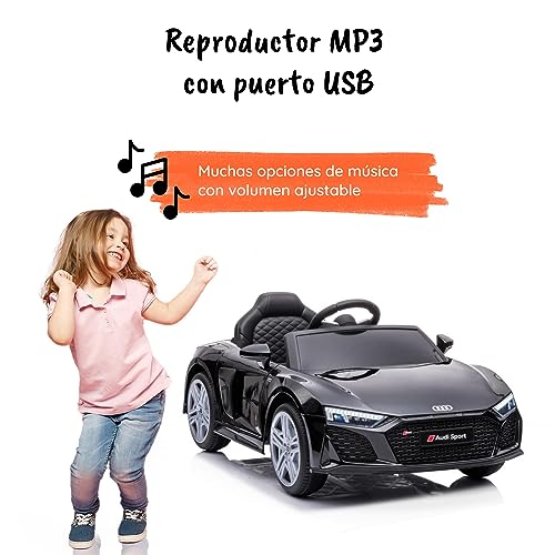 Coche electrico para niños Audi R8 SPORT/12V (Negro) bycar - Correpasillos Eléctrico con Licencia Oficial con Control Remoto 2.4 GHz Apertura de Puertas con MP3