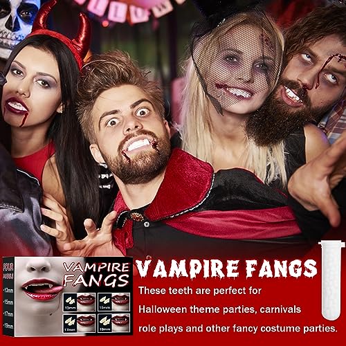 Colmillos Vampiro, 4 Pares Halloween Dientes Vampiro con 1 Tubo Pellets de Diente, Vampire Teeth, Dientes de Vampiro para Cosplay, Fiestas, Todo Tipo de Bailes