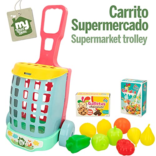 COLORBABY 43999 - Carrito de la compra de juguete con 11 piezas de comidita para jugar / Carro para ir al supermercado, juguetes para niños y niñas / Regalos para niños, accesorios de cocina