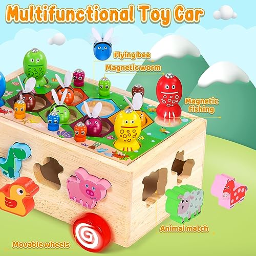 COOLJOY Juguetes Montessori | Juguetes Juegos Educativos Niños 1 2 3 Aiños | Animales Coche de Juguete de Madera Regalos de Pascua para Bebés Niño Niña