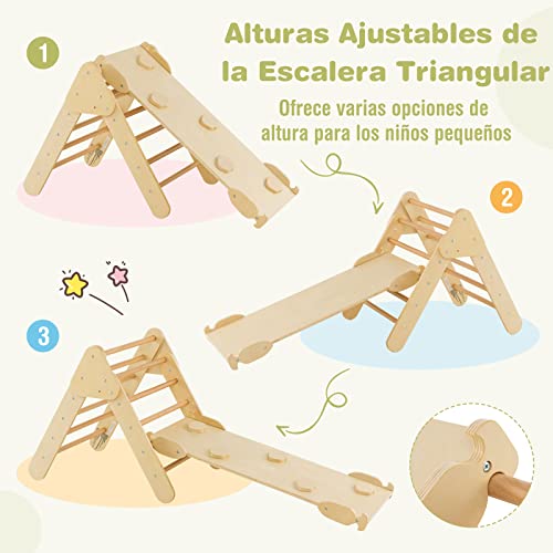COSTWAY 4 en 1 Triángulo de Escalada de Madera para Niños, Juego de Escalada con Triángulo/Arco/Rampa para Deslizarse o Escalar, Set de Escalada Montessori para Niños 1+ Año (Natural)