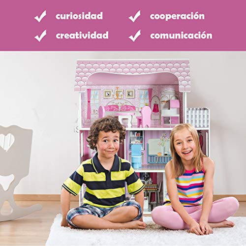 COSTWAY Casa de Muñecas de Madera con Accesorios para Niña Juego de Roles Educativo Juguete Color Rosa