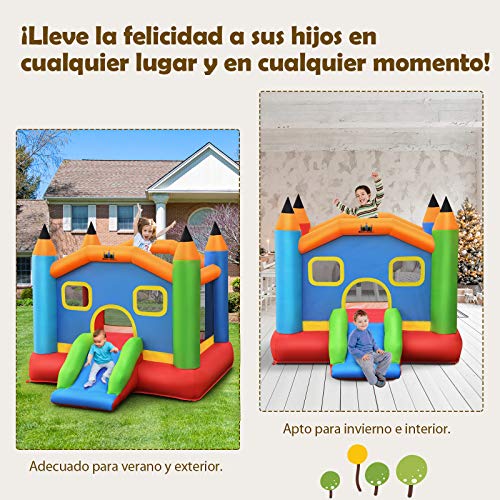 COSTWAY Castillo Hinchable con Tobogán para Niños 273x273x228cm Centro de Juego con Kit de Reparación y Bolsa de Transporte para Parque Patio Jardín (Sin Soplador)