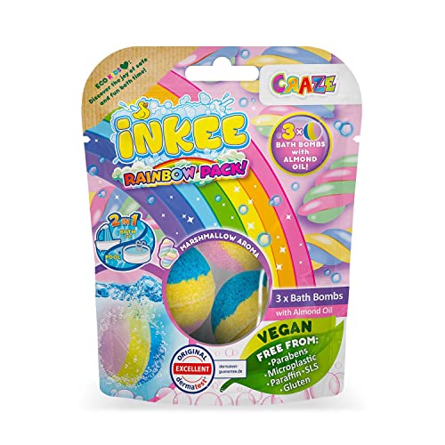 CRAZE, INKEE Rainbow Multipack, Tres bombas de baño perfumadas con 3 capas de color diferentes y baño de color con aroma a malvavisco, con aceite de almendras, EcoKids 47088