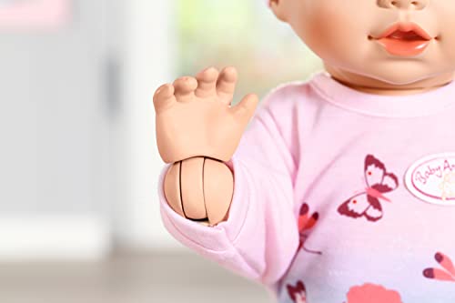 Creación de Zapf 70668 Baby Annabell Muñeca Lilly aprende a caminar y gatear de 43 cm con función de sonido, mameluco rosa y azul y sombrero