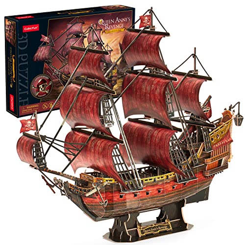 CubicFun Puzzle 3D Venganza del Reina Ana Maquetas Barco Pirata Realista Grande Maquetas para Montar Regalos Originales para Adultos, Actualizar Versión Roja | 391 Piezas