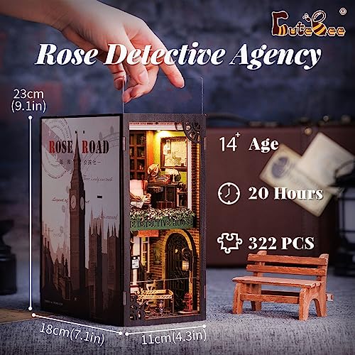 CUTEBEE DIY Book Nook Kit - Casa de muñecas en Miniatura de Madera con Muebles y Luces LED, Decoración de inserción de estantería Creativa(Rose Detective Agency)