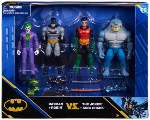 DC Comics, Batman y Robin contra The Joker y King Shark, Figuras de acción de 10 cm, Juguetes niñas a Partir de 3 años, Multicolor (Spin Master 6065564)