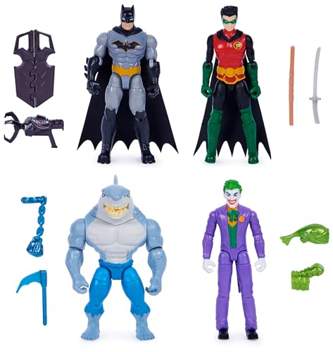 DC Comics, Batman y Robin contra The Joker y King Shark, Figuras de acción de 10 cm, Juguetes niñas a Partir de 3 años, Multicolor (Spin Master 6065564)