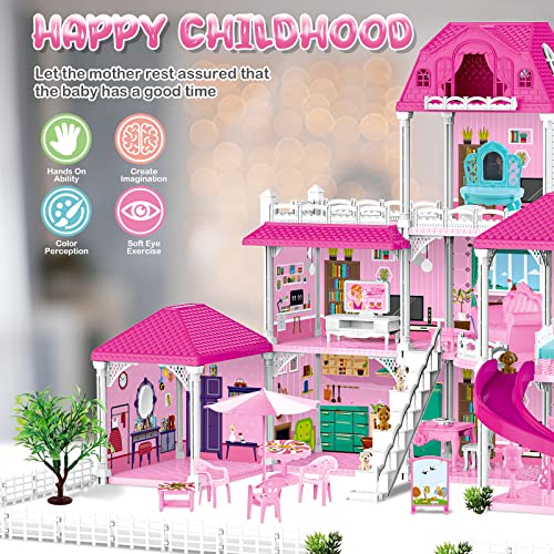 deAO Casa de Muñecas, 3-stöckige Grande Dreamhouse (83 * 52 * 63cm) con Accesorios 2 Muñecas, 4 Figuras Perros Miniatura, Muebles, Toboganes, Casita de muñecas para niñas(Dollhouse Plastico)