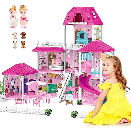 deAO Casa de Muñecas, 3-stöckige Grande Dreamhouse (83 * 52 * 63cm) con Accesorios 2 Muñecas, 4 Figuras Perros Miniatura, Muebles, Toboganes, Casita de muñecas para niñas(Dollhouse Plastico)