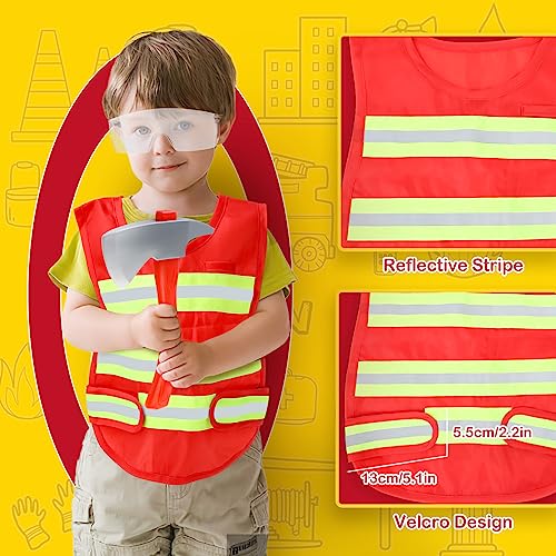 deAO Disfraz Bombero Infantil Incluye Los Accesorios Realistas, Extintor de Incendios de Juguete, Linterna, Juego de Imitación para Niños 3+