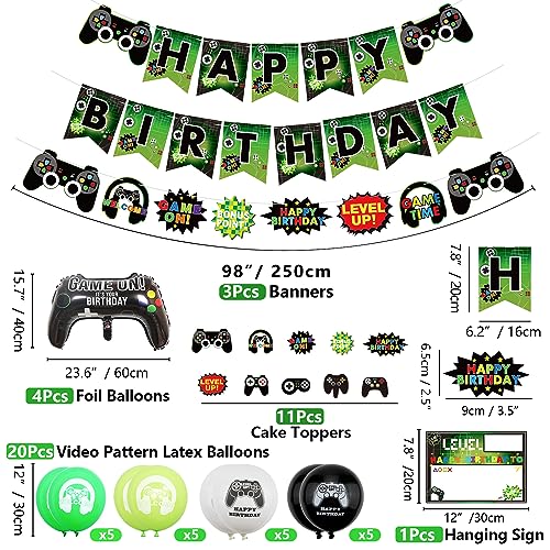 Decoraciones de fiesta de videojuegos: decoraciones de cumpleaños número 12 para niños, pancartas de feliz cumpleaños, globos de videojuegos, mantel, globo controlador, placa colgante para juegos,