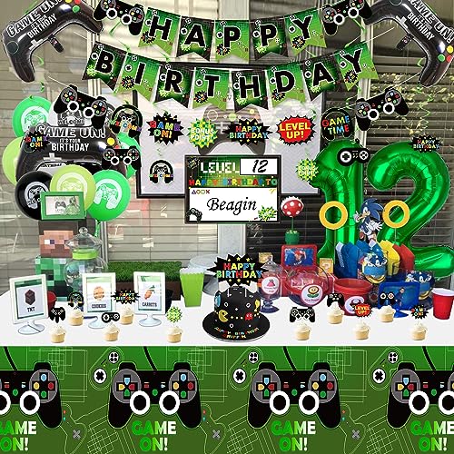 Decoraciones de fiesta de videojuegos: decoraciones de cumpleaños número 12 para niños, pancartas de feliz cumpleaños, globos de videojuegos, mantel, globo controlador, placa colgante para juegos,