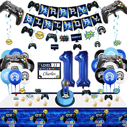 Decoraciones para Fiestas de Videojuegos, Banner Feliz Cumpleaños Globo de Mando de Videojuego Cartel Colgante Gaming, Cake Topper, Vela, Decoración de Fiesta para el 11º Cumpleaños de un Niño