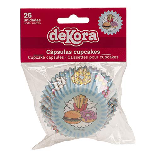 Dekora-339255 Capsulas Cupcakes con Diseño Fast Food-25 Unidades, Color azul claro (339255