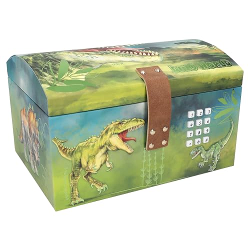 Depesche 12115 Dino World - Cofre del tesoro con código, sonido y luz, aprox. 15 x 20 x 12,5 cm, caja para pequeños tesoros y secretos