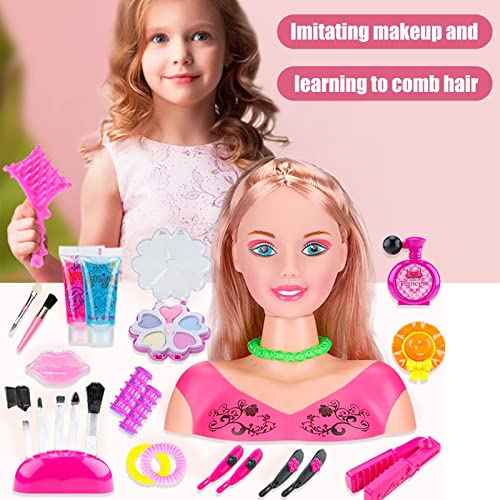 DEWU Muñeca media longitud, juguete para niños, peluquería, maquillaje, estilo muñeca, con accesorios, rubio, secador pelo set maquillaje (22 x 8 x 15 cm), rosa