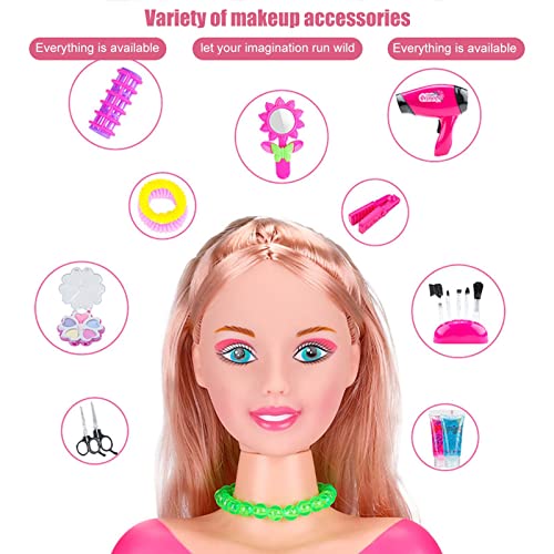 DEWU Muñeca media longitud, juguete para niños, peluquería, maquillaje, estilo muñeca, con accesorios, rubio, secador pelo set maquillaje (22 x 8 x 15 cm), rosa