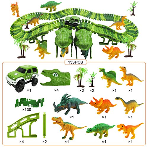 Diealles Shine Pista de Dinosaurios, 153 Piezas Dinosauri Pista, Flexible Pista Dinosaurio con 8 Dinosaurios Juguetes, Pista de Coches para Niños 3 4 5 6 Años Regalos