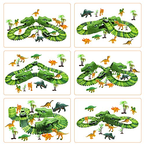 Diealles Shine Pista de Dinosaurios, 153 Piezas Dinosauri Pista, Flexible Pista Dinosaurio con 8 Dinosaurios Juguetes, Pista de Coches para Niños 3 4 5 6 Años Regalos