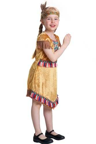 Disfraz de nativo indio para niñas, disfraz indígena americano con flecos, vestido beige del salvaje oeste para fiesta de Halloween con tocado, 3-10 años