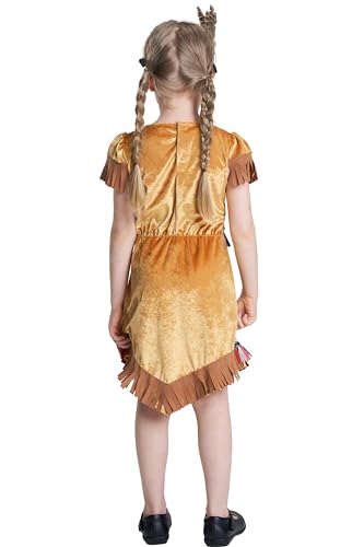 Disfraz de nativo indio para niñas, disfraz indígena americano con flecos, vestido beige del salvaje oeste para fiesta de Halloween con tocado, 3-10 años