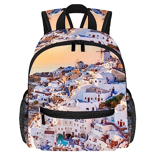 DJROW Mochila de viaje para niños con diseño de la isla Santorini en la hora dorada, mochila escolar de jardín de infantes para niños preescolares, Multicolor, 10x4x12 in