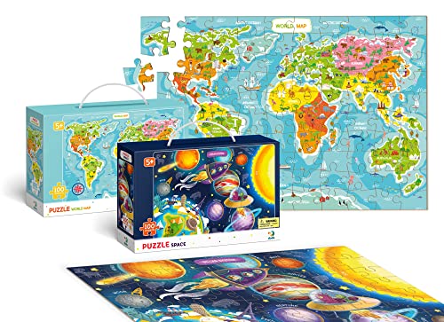 Dodo - Juego de 2 puzles (mapa mundi, espacio) de 100 piezas para niños mayores de 5 años, puzle educativo ideal como regalo para niños y niñas