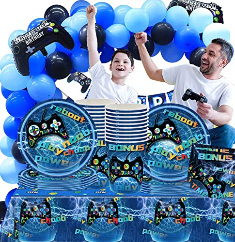 Doyomtoy 53 Piezas Set vajilla de Fiesta para Juego, Game Party Supplies, Incluye Platos Videojuegos, Tazas, Servilletas, Mantel, para Decoración de Videojuegos Fiesta De Cumpleaños