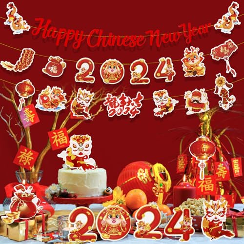 DPKOW 2023 Feliz Año Nuevo Chino Decoraciones, Rojo Oro Año Nuevo Chino Pancarta Colgante Remolino Decoración, Festival de Primavera Guirnalda Bandera Año Nuevo Lunar Serpentinas Espiral, 33 Piezas