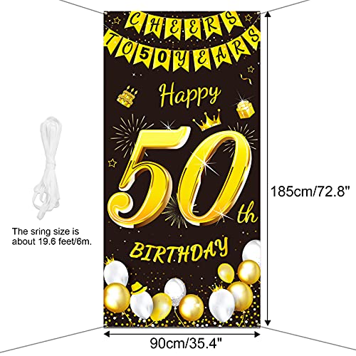 DPKOW Oro Negro 50 Años Cumpleaños Decoración para Hombre Mujer, Oro Negro Pancarta para 50 Cumpleaños Puerta Fondo Decoración, para 50 Años Cumpleaños Mesa Jardín Decoración, 185 x 90cm